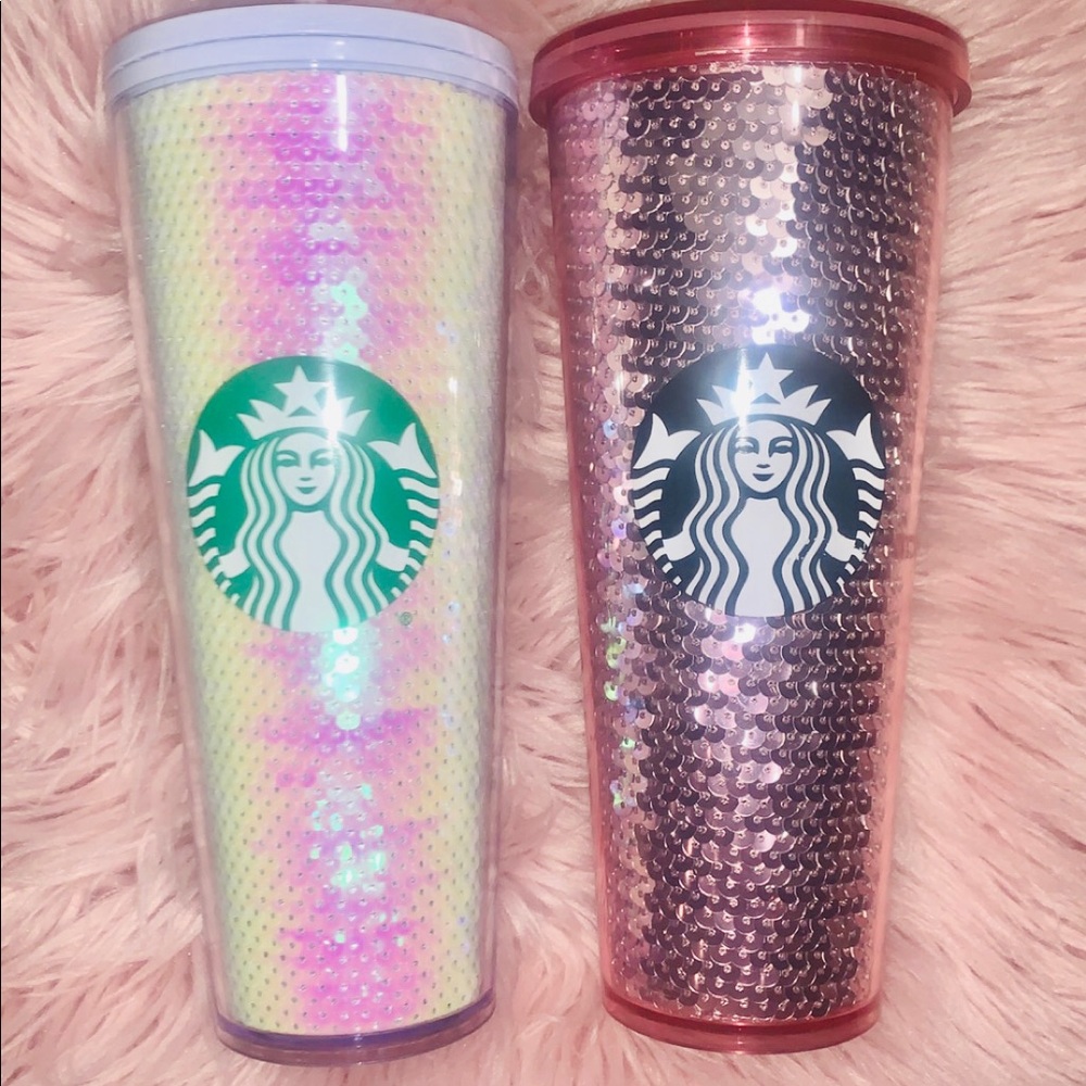 Starbucks Pink and White Sequin Iridescent Tumblers